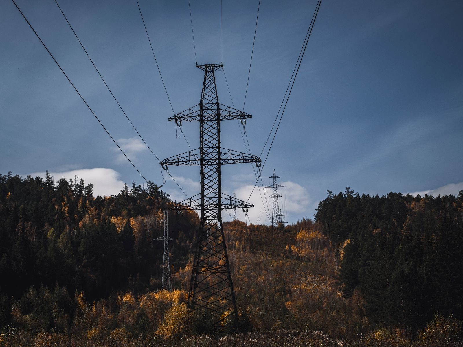 Sähkölinjat kulkevat syksyisen metsän läpi, taustalla voimajohtopylväitä.