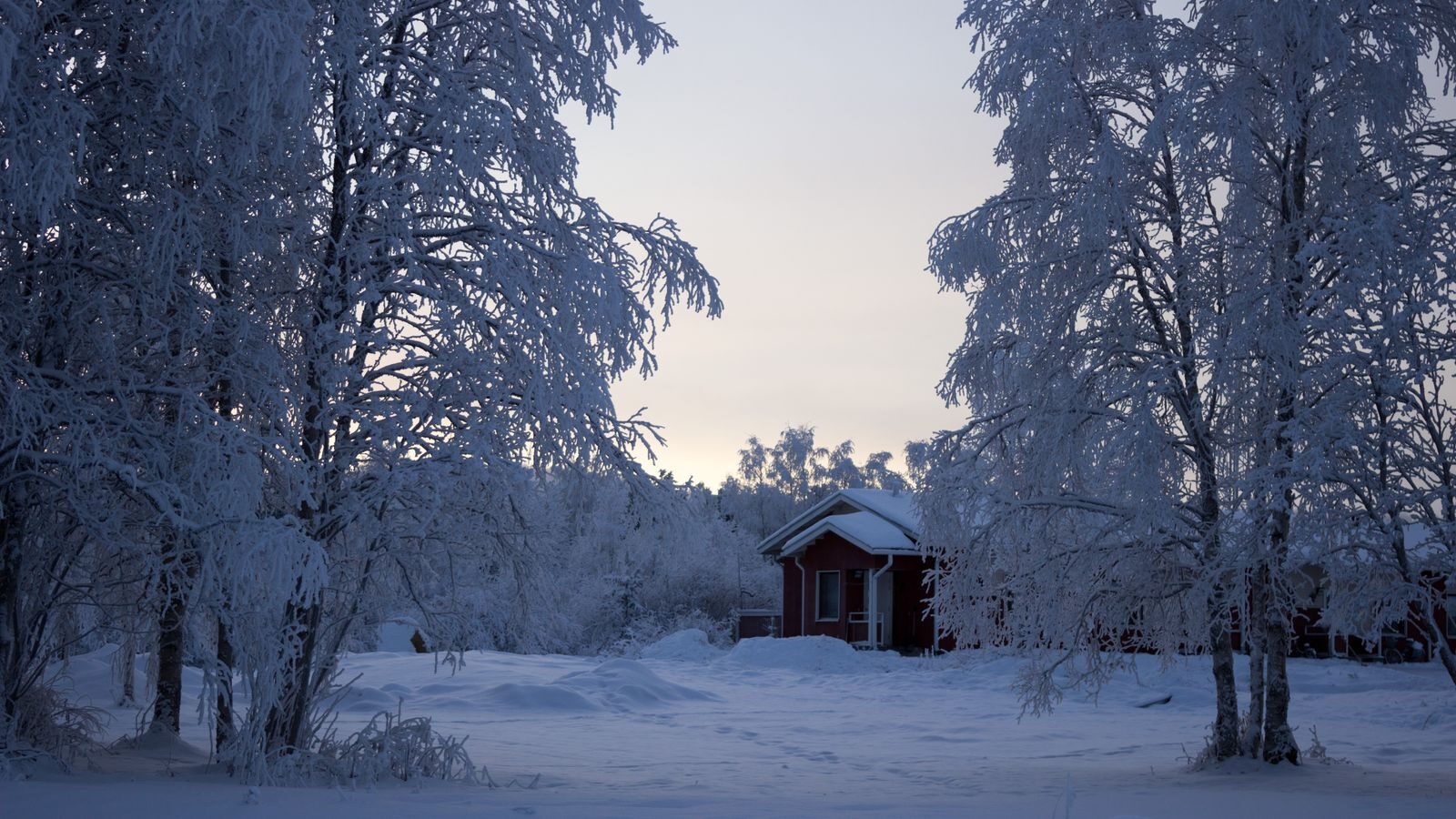 Punainen mökki lumisen metsän keskellä.