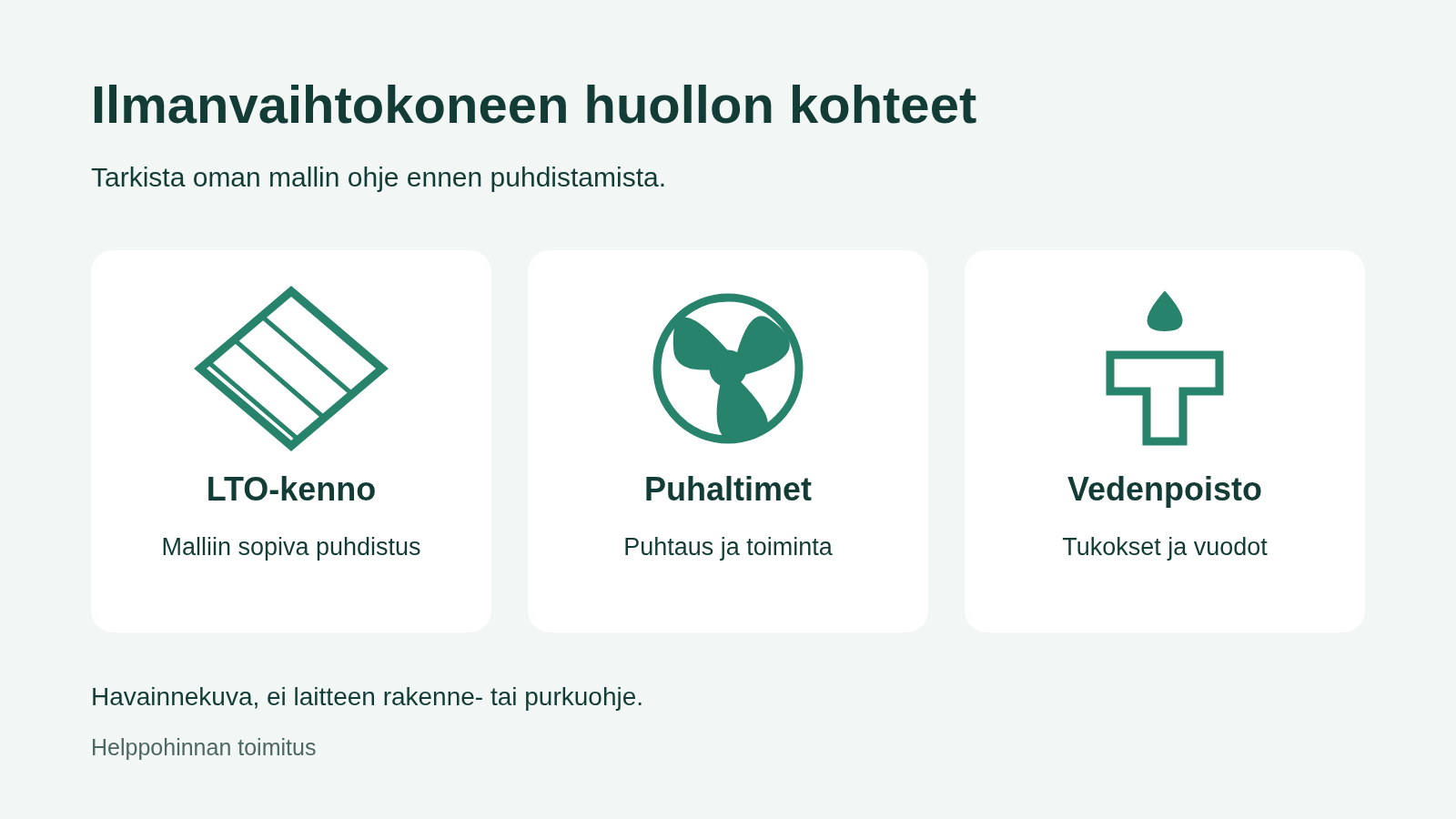 Ilmanvaihtokoneen kolme huoltokohdetta: LTO-kenno, puhaltimet ja kondenssiveden poisto.