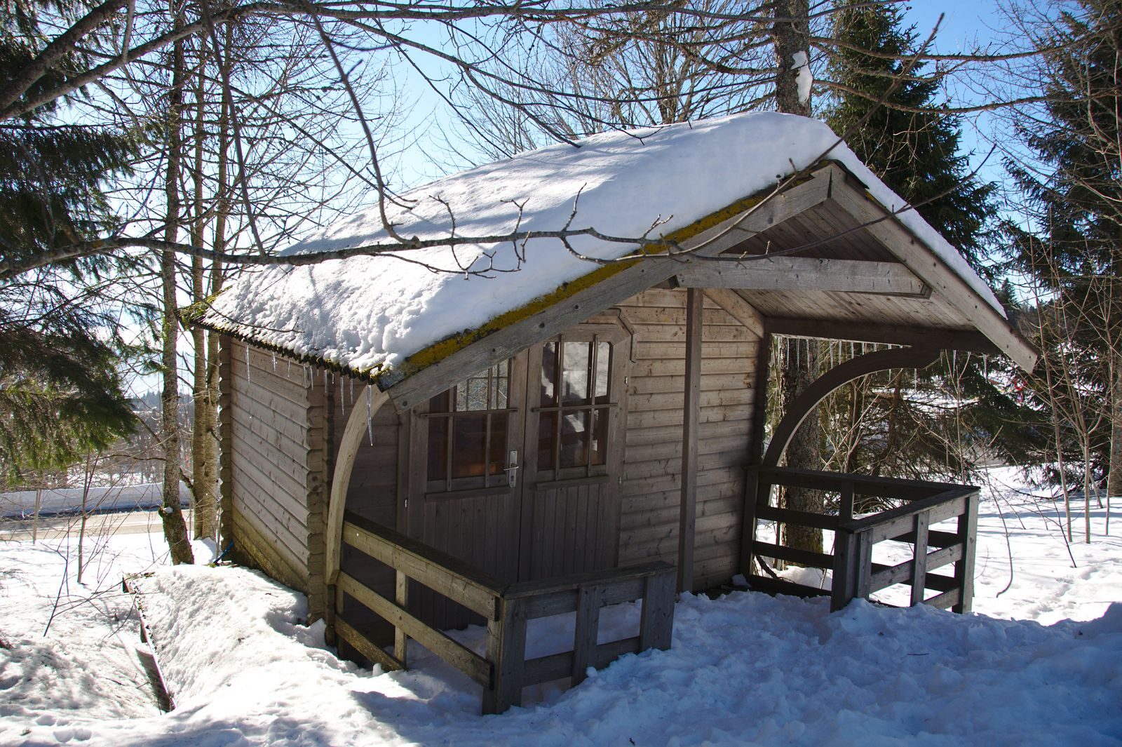 Pieni puumökki lumisessa metsässä.
