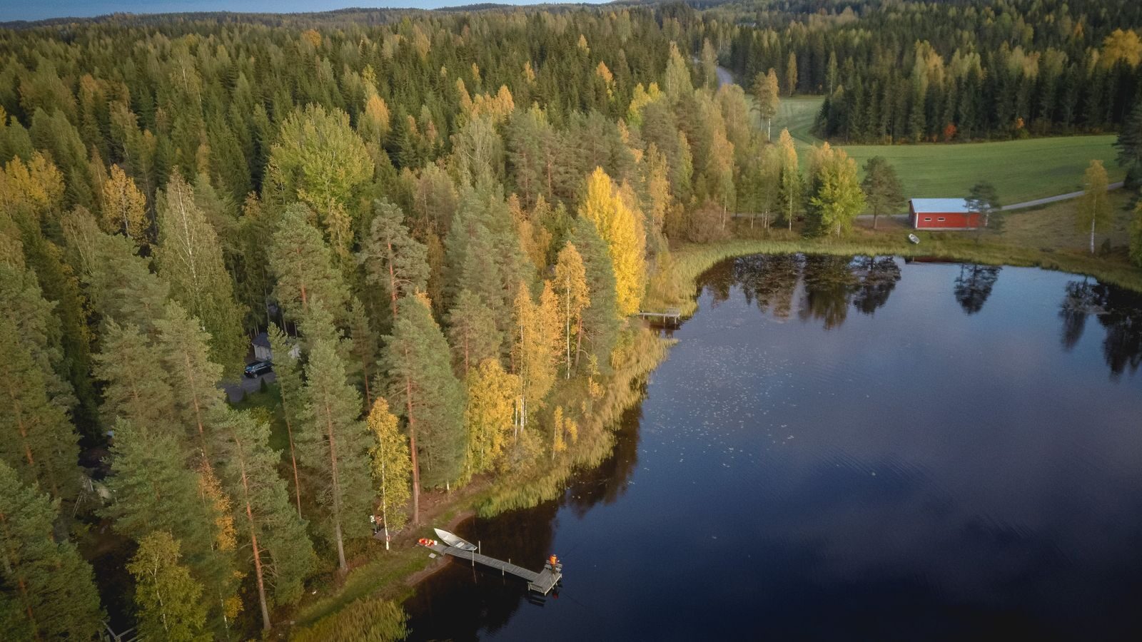 Järvenrantamökki, laituri ja syksyinen metsä ilmasta kuvattuina.